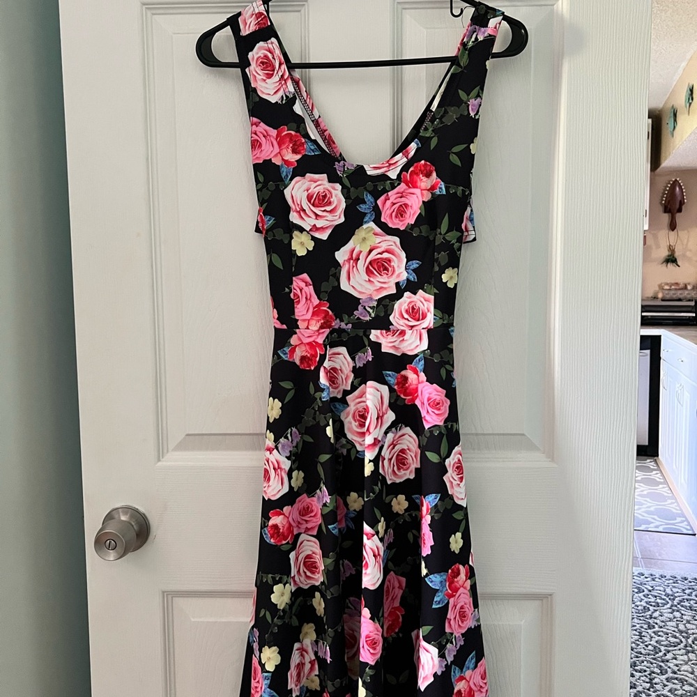 Black Floral Dress with Pink Rose Print
